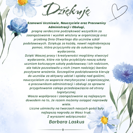 Dziękuję za zaangażowanie w organizację Dnia otwartego szkoły!